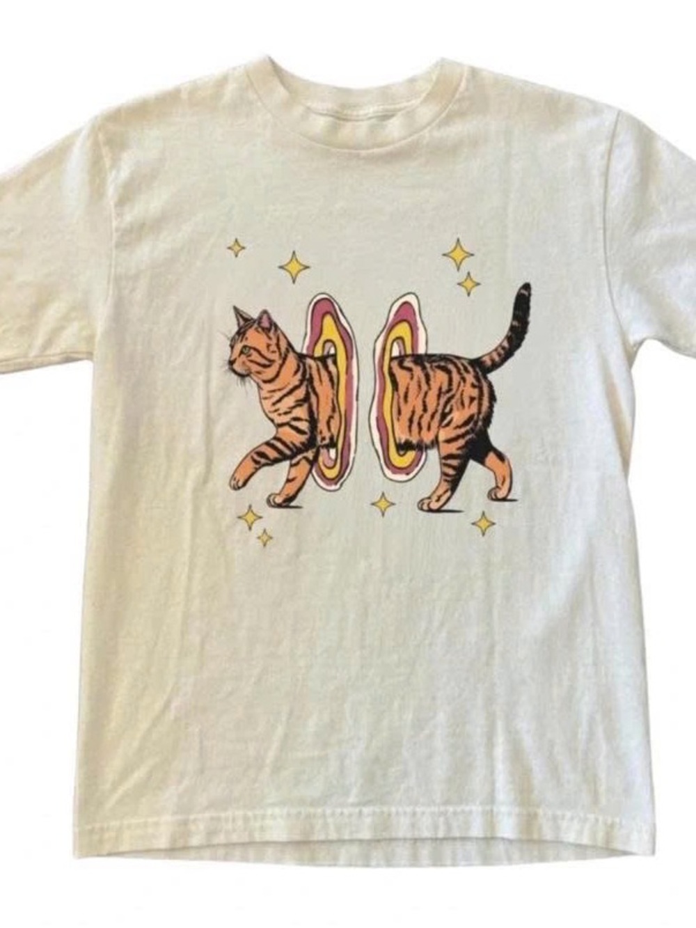 White Graphic Short Sleeve Tee with Orange Cat Portal Print